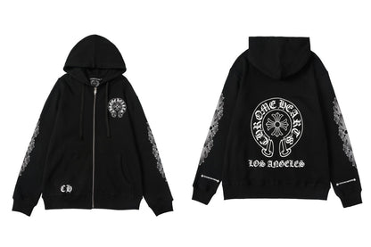 CH Autumn Winter New Cross Scroll Simple Classic Hooded Sweatshirt Zipper Pure Cotton Jacket