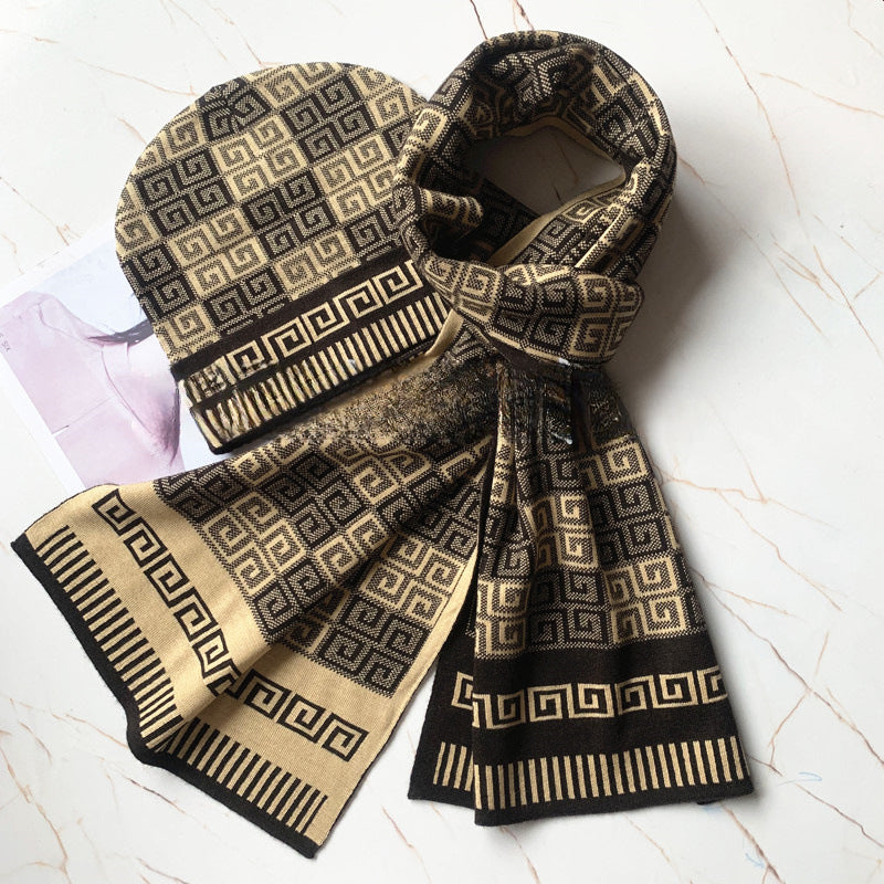 European and American Style Scarf Hat Two-Piece Suit Knitted Men's Wool Leather Tag Scarf Chess Plaid Warm Boys Scarf