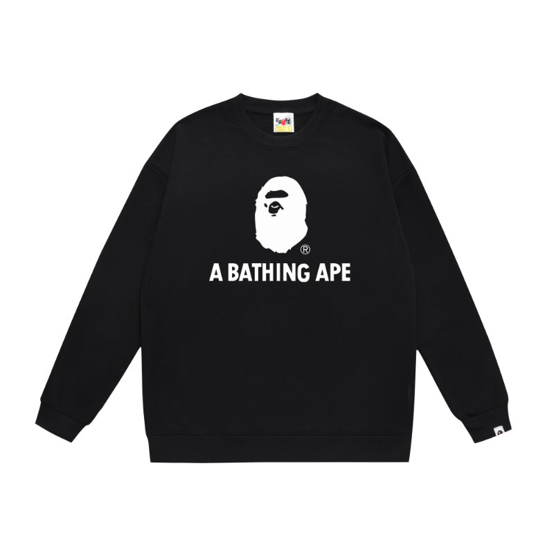 Terry Sweatshirt with Ape Man Letter Print, Unisex, Pure Cotton, Loose Fit, Thin, Crew Neck Pullover Top, Outerwear