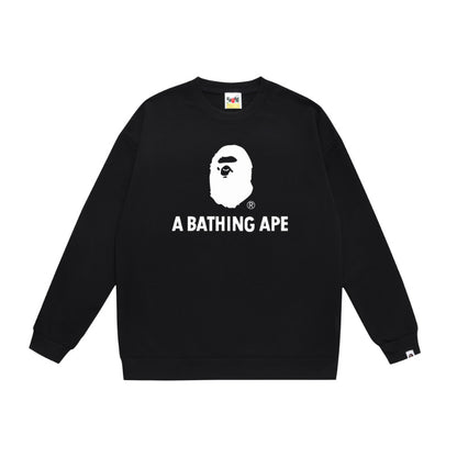 Terry Sweatshirt with Ape Man Letter Print, Unisex, Pure Cotton, Loose Fit, Thin, Crew Neck Pullover Top, Outerwear
