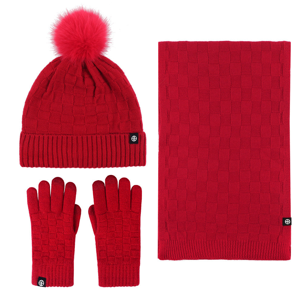 Winter Warm Woolen Hat Scarf Gloves Three-Piece Suit Windproof Adult Knitted Hat Three-Piece Set