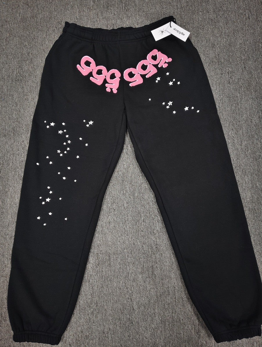 [Fleece Lined]Young Thug American Style Brand Sp5DER 555555 Spider Web Foam Print Casual Unisex Sweatpants