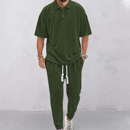 2025  Short-Sleeved Men's T-shirt Loose Leisure Suit Summer Simplicity Solid Color Jacquard Heavy T-shirt Trousers Suit