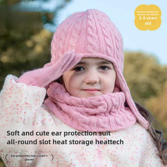 Children's Neckerchief Thermal Three-Piece Suit Winter Velvet Cold Protection Outdoor Ear Protection Knitting Hat Scarf Gloves Three-Piece Set