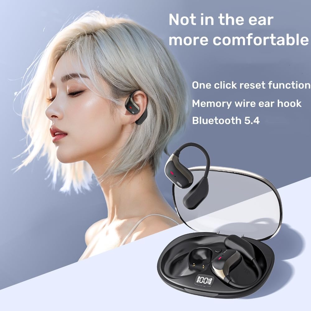 JM15 Bluetooth Open Ear Earbuds, Air Conduction Headphones with Hi-Fi Stereo Audio, Touch Control Bluetooth Headphones, Waterproof Sport Earphones with Mic for Android/iOS 500mAh