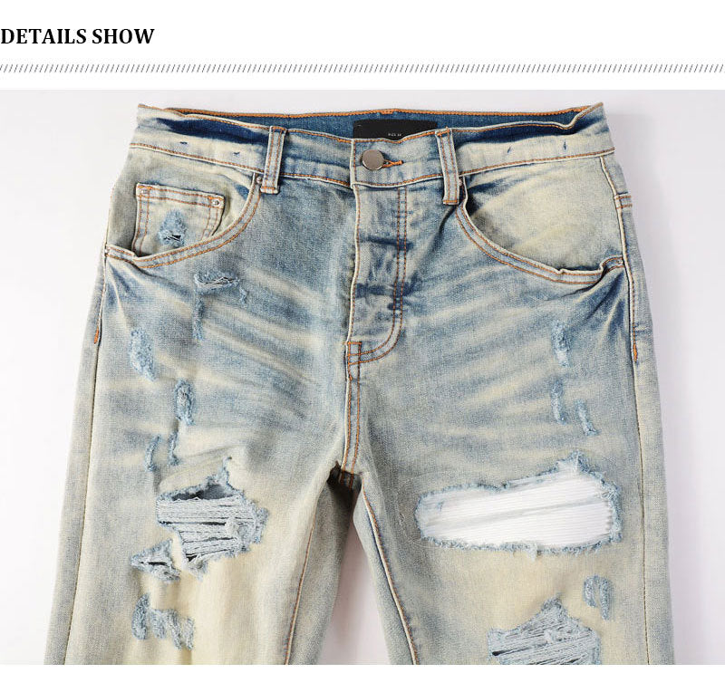 High Street Fashion Men's Jeans with Ripped Patches, Distressed Light Blue Slightly Stretchy Slim Fit Skinny Pants, Trendy Long Pants for Men