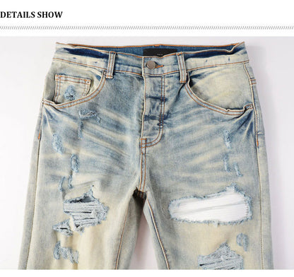 High Street Fashion Men's Jeans with Ripped Patches, Distressed Light Blue Slightly Stretchy Slim Fit Skinny Pants, Trendy Long Pants for Men