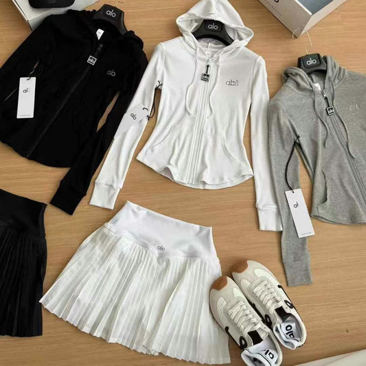 A-L High-Quality Hooded Zipper Jacket and Pleated Skirt Set Two-Piece Slim Fit Versatile Yoga Sports