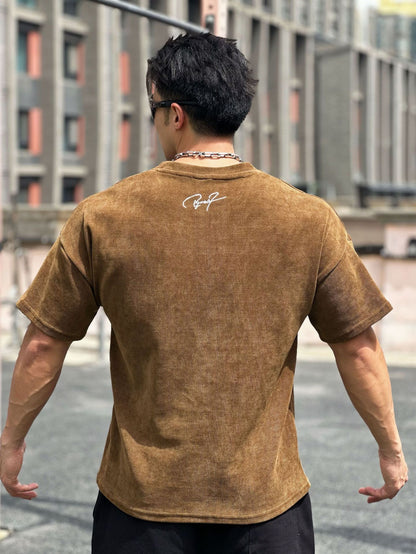 New Muscle Fitness Brothers Sports Men's T-Shirt Spring Summer Round Neck Corduroy Casual Running Men's Pocket T-Shirt