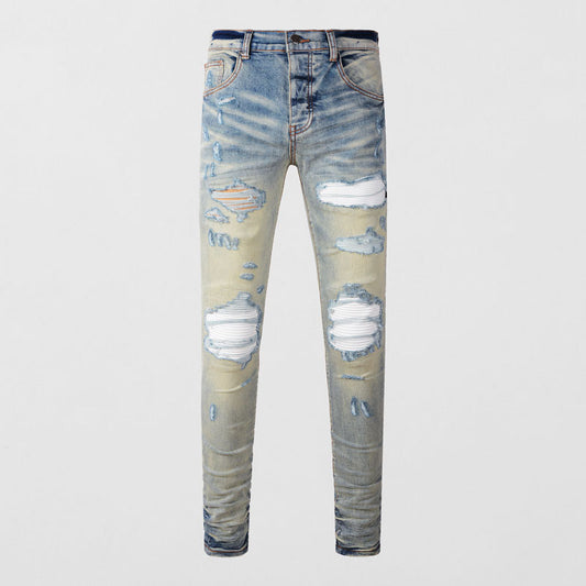 High Street Fashion Men's Jeans with Ripped Patches, Distressed Light Blue Slightly Stretchy Slim Fit Skinny Pants, Trendy Long Pants for Men