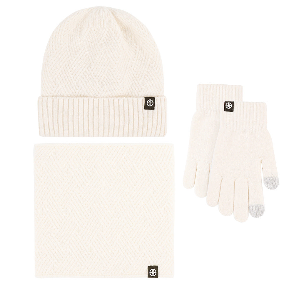 Winter neck warm three-piece hat, scarf and gloves three-piece knitted and fleece-thickened winterproof wool suit