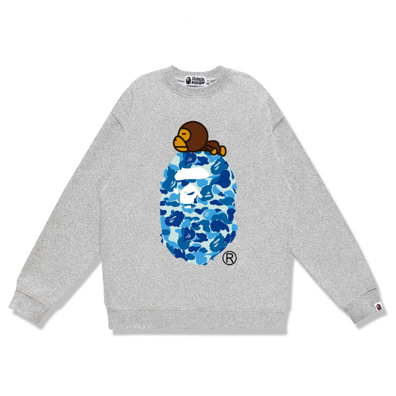 Terry Sweatshirt with Ape Man Letter Print, Unisex, Pure Cotton, Loose Fit, Thin, Crew Neck Pullover Top, Outerwear