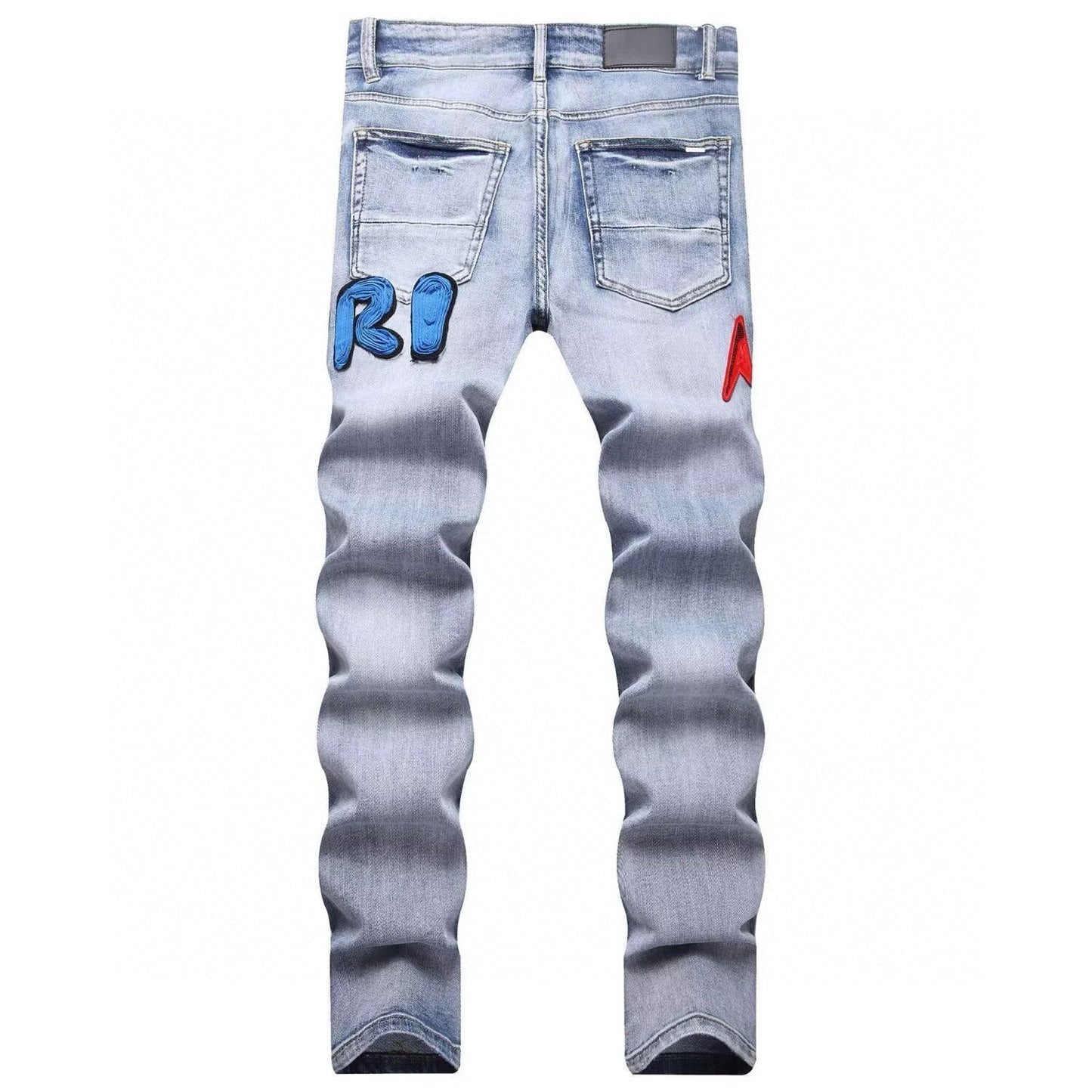 American Style Trendy Brand Jeans for Men with Patch Embroidery High Street Basic Ripped Skinny Fashion Casual Stretch Straight Long Pants