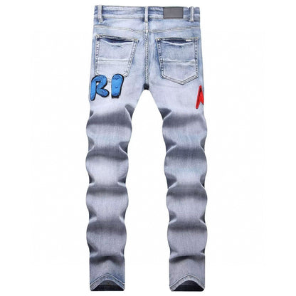 American Style Trendy Brand Jeans for Men with Patch Embroidery High Street Basic Ripped Skinny Fashion Casual Stretch Straight Long Pants