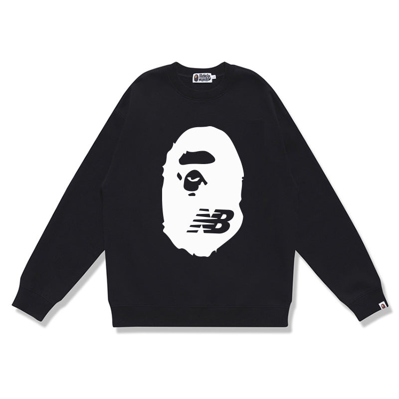 Terry Sweatshirt with Ape Man Letter Print, Unisex, Pure Cotton, Loose Fit, Thin, Crew Neck Pullover Top, Outerwear