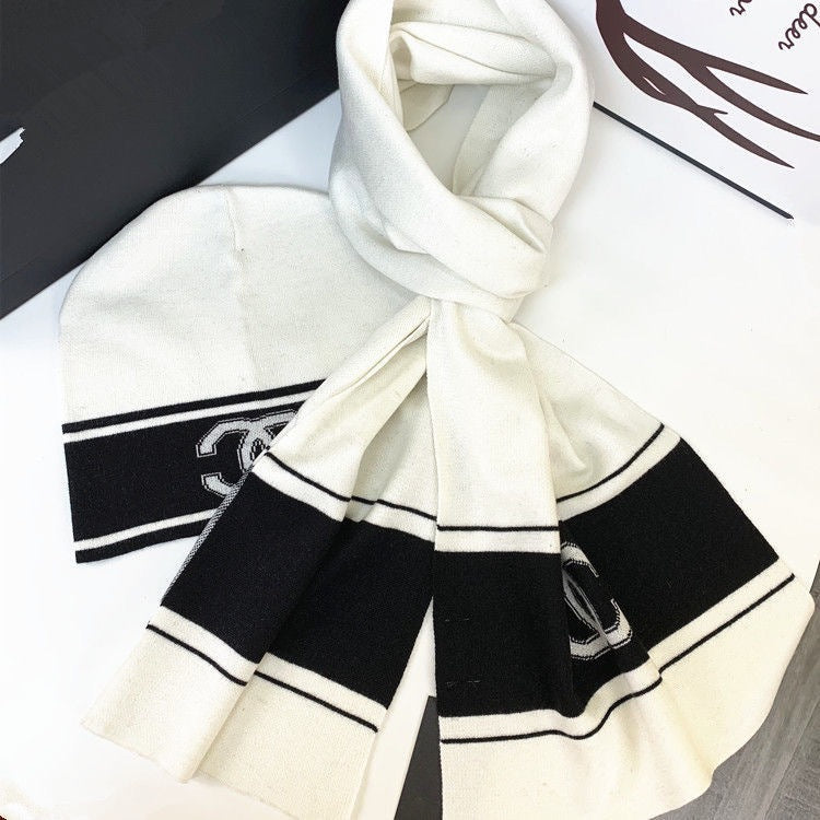 European and American Style Scarf Hat Two-Piece Suit Knitted Men's Wool Leather Tag Scarf Chess Plaid Warm Boys Scarf