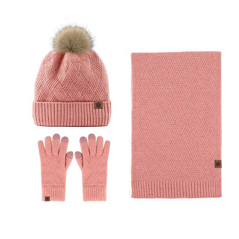 New Solid Color Wool Warm Hat Scarf Gloves Three-Piece Set Cold-Proof Fur Ball Fleece-lined Knitting Suit