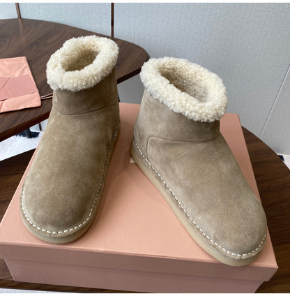 French Style Sheepskin Thick-Soled Snow Boots Round Toe Cow Suede Patchwork Warm Short Boots Versatile Flat Short Cotton Boots