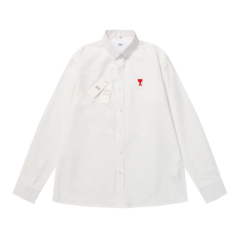Trendy Brand Am* Small Heart Embroidered Shirt Casual Loose Fit Unisex Couple Style Amy Cotton Long Sleeve Top(2)