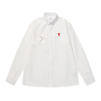 Trendy Brand Am* Small Heart Embroidered Shirt Casual Loose Fit Unisex Couple Style Amy Cotton Long Sleeve Top(2)
