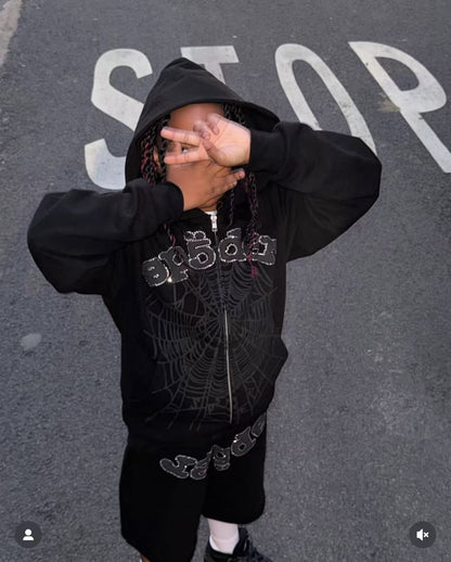 Trendy Brand Hoodie Casual Jacket Letter Black Strap Rhinestone Zipper Sp5-der Sweatshirt Men