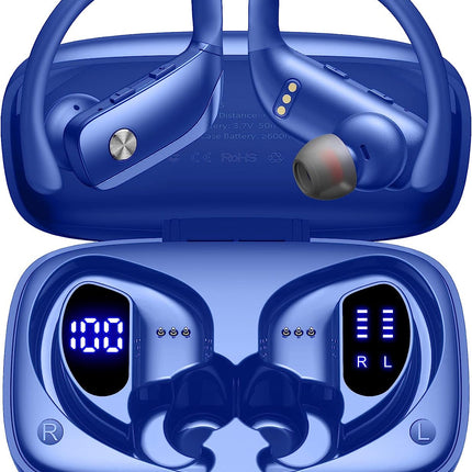 GM T16 running earbuds Wireless Earbuds Bluetooth Headphones 48hrs Play Back Sport Earphones with LED Display Over-Ear Buds with Earhooks Built-in Mic Headset for Workout Blue
