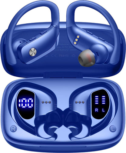 GM T16 running earbuds Wireless Earbuds Bluetooth Headphones 48hrs Play Back Sport Earphones with LED Display Over-Ear Buds with Earhooks Built-in Mic Headset for Workout Blue