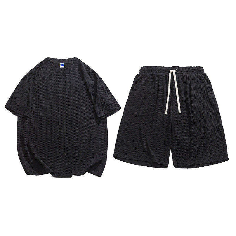 Fashion Striped Twist Short Sleeve T-Shirt and Shorts Two-Piece Loose Comfortable Casual Sports Set for Men