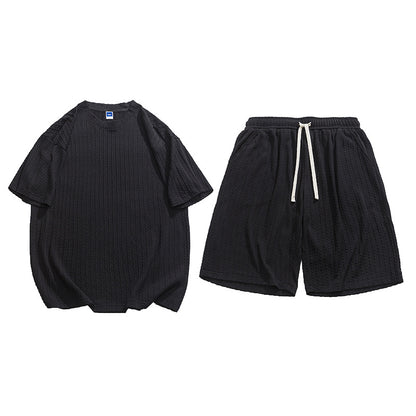 Fashion Striped Twist Short Sleeve T-Shirt and Shorts Two-Piece Loose Comfortable Casual Sports Set for Men