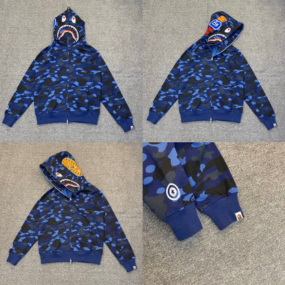 Fashion Brand Shark Camouflage Zipper Sweater Men and Women Couple Loose Cotton Fleece-lined Hooded Cardigan Coat Men