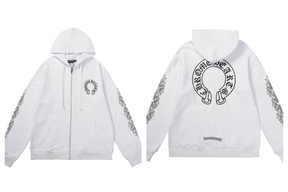 CH Autumn Winter New Cross Scroll Simple Classic Hooded Sweatshirt Zipper Pure Cotton Jacket