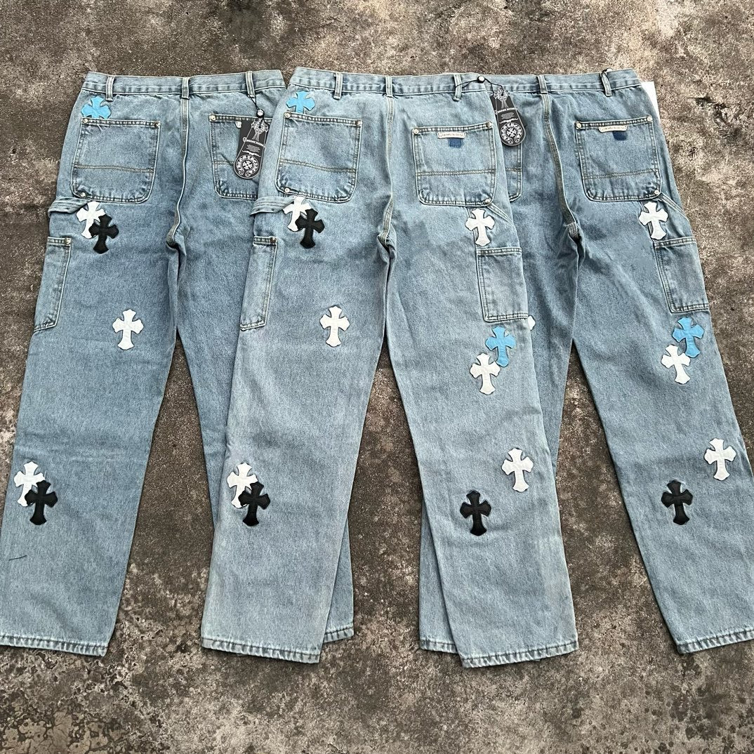 Top Heavy Industry Crafted CH Double Knee Cross Patch Leather B01 Version Logging Pants Straight Leg Sanskrit Workwear Pants High Street Jeans