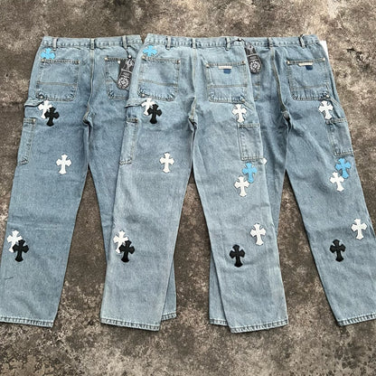 Top Heavy Industry Crafted CH Double Knee Cross Patch Leather B01 Version Logging Pants Straight Leg Sanskrit Workwear Pants High Street Jeans