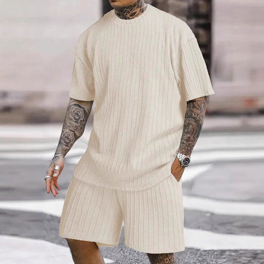 Fashion Striped Twist Short Sleeve T-Shirt and Shorts Two-Piece Loose Comfortable Casual Sports Set for Men