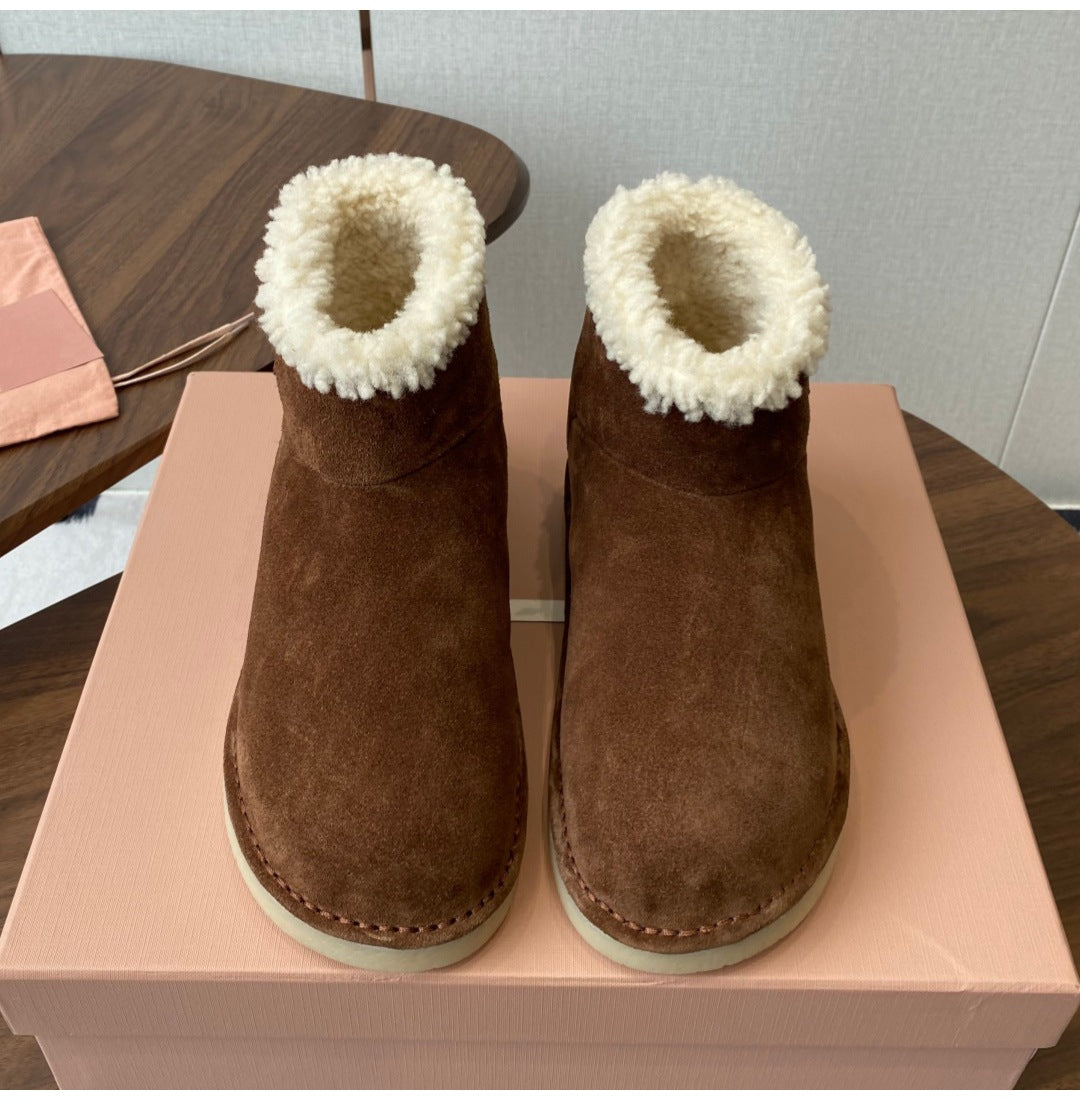 French Style Sheepskin Thick-Soled Snow Boots Round Toe Cow Suede Patchwork Warm Short Boots Versatile Flat Short Cotton Boots