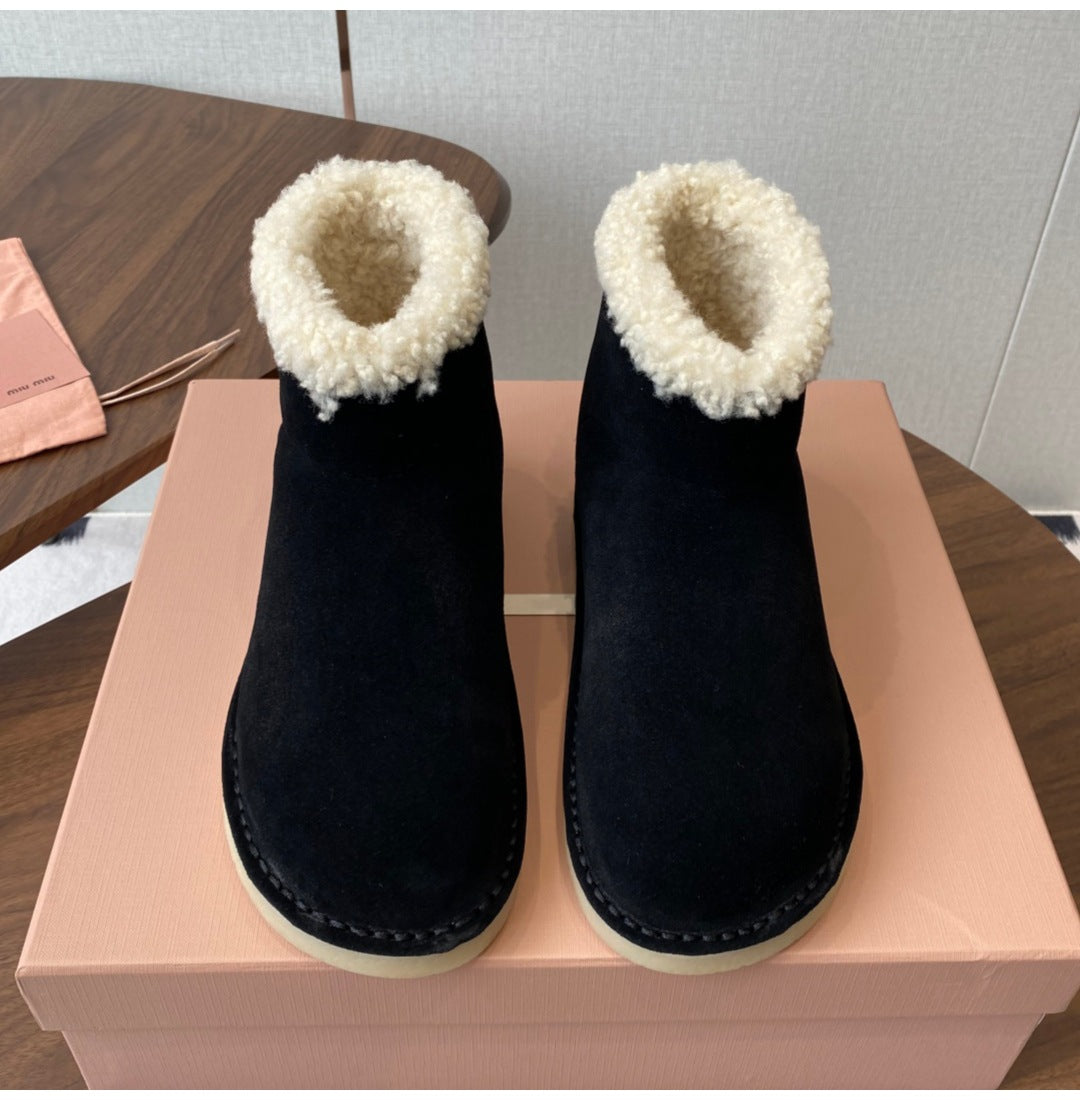 French Style Sheepskin Thick-Soled Snow Boots Round Toe Cow Suede Patchwork Warm Short Boots Versatile Flat Short Cotton Boots