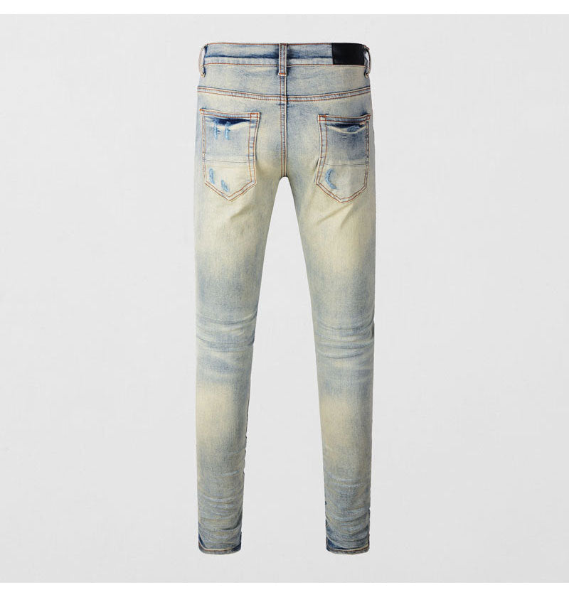 High Street Fashion Men's Jeans with Ripped Patches, Distressed Light Blue Slightly Stretchy Slim Fit Skinny Pants, Trendy Long Pants for Men