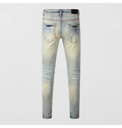 High Street Fashion Men's Jeans with Ripped Patches, Distressed Light Blue Slightly Stretchy Slim Fit Skinny Pants, Trendy Long Pants for Men