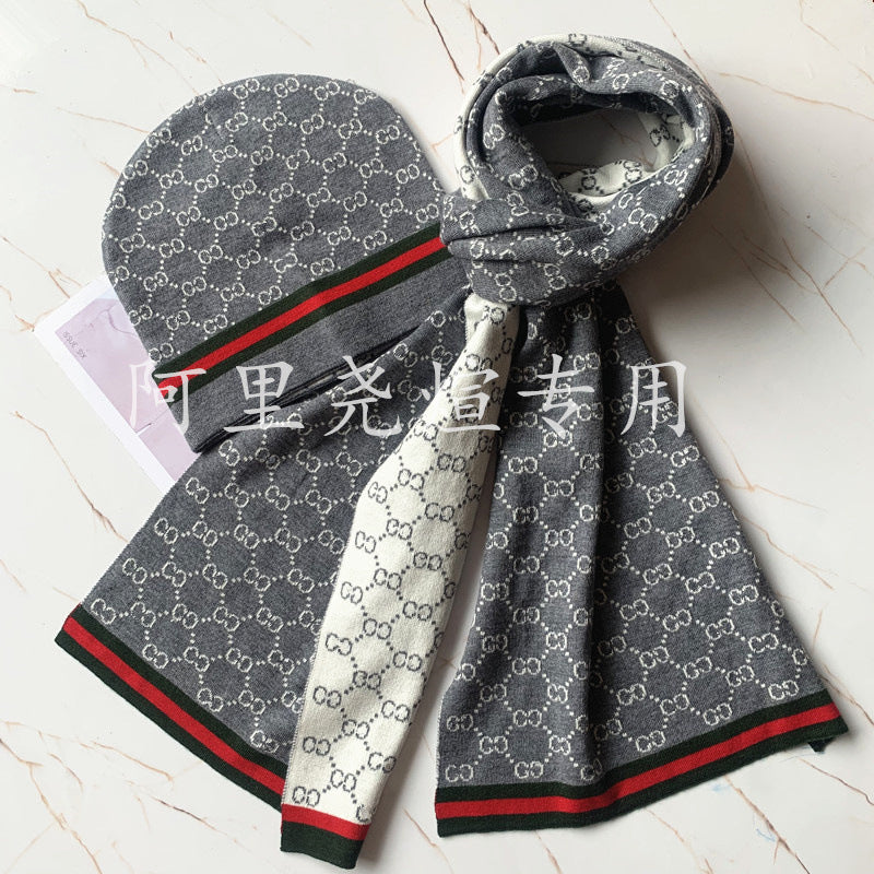 European and American Style Scarf Hat Two-Piece Suit Knitted Men's Wool Leather Tag Scarf Chess Plaid Warm Boys Scarf