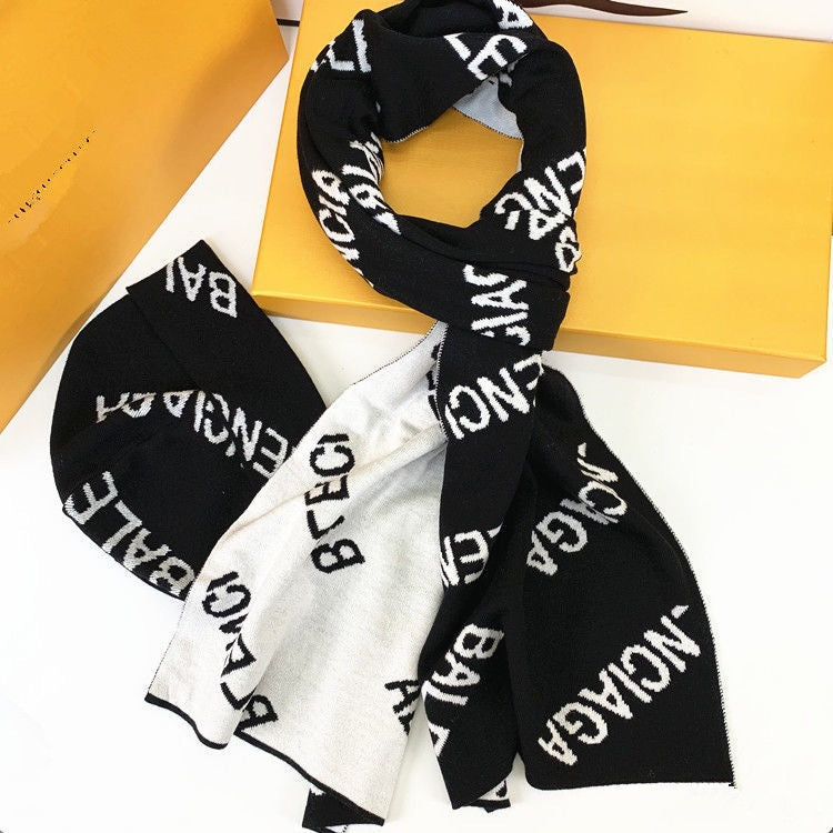 European and American Style Scarf Hat Two-Piece Suit Knitted Men's Wool Leather Tag Scarf Chess Plaid Warm Boys Scarf