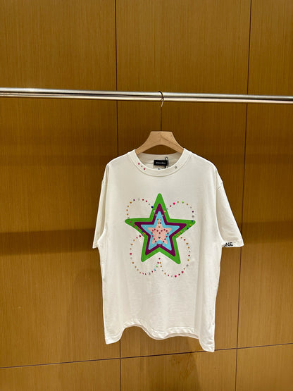 Teddy bear-shaped colorful star rhinestone letter round neck loose short sleeve T-shirt for men and women P63