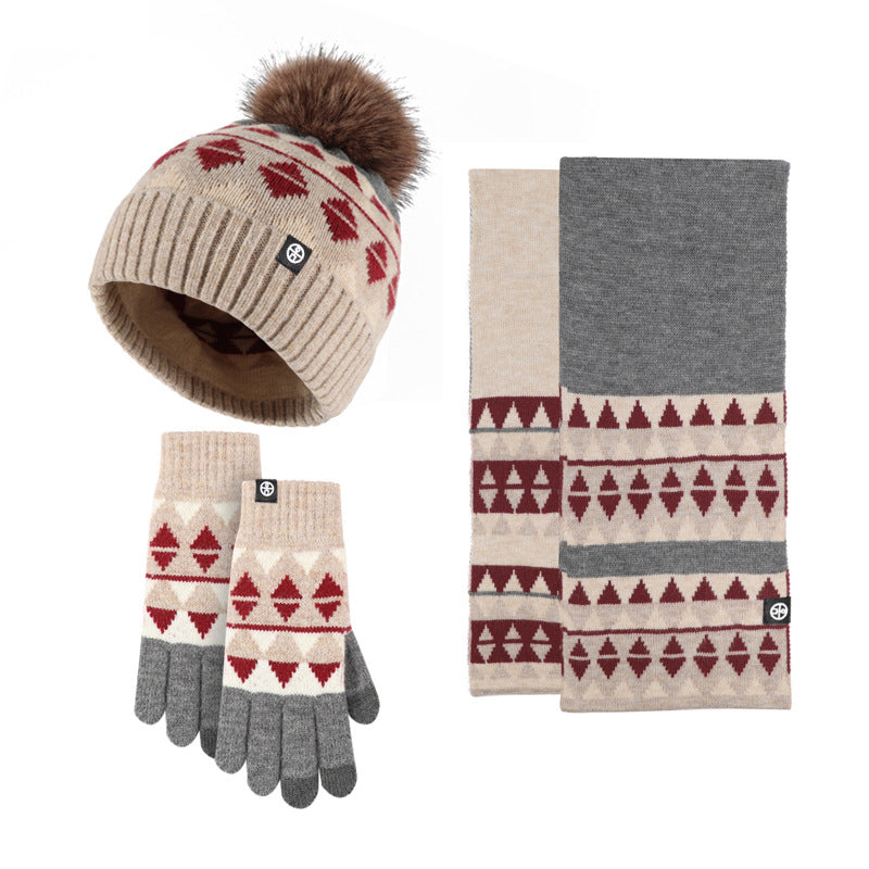 Winter New Japanese Style Knitting Gloves Scarf Hat Three-Piece Set Wool Warm Cold-Proof Fur Ball Scarf Three-Piece Set