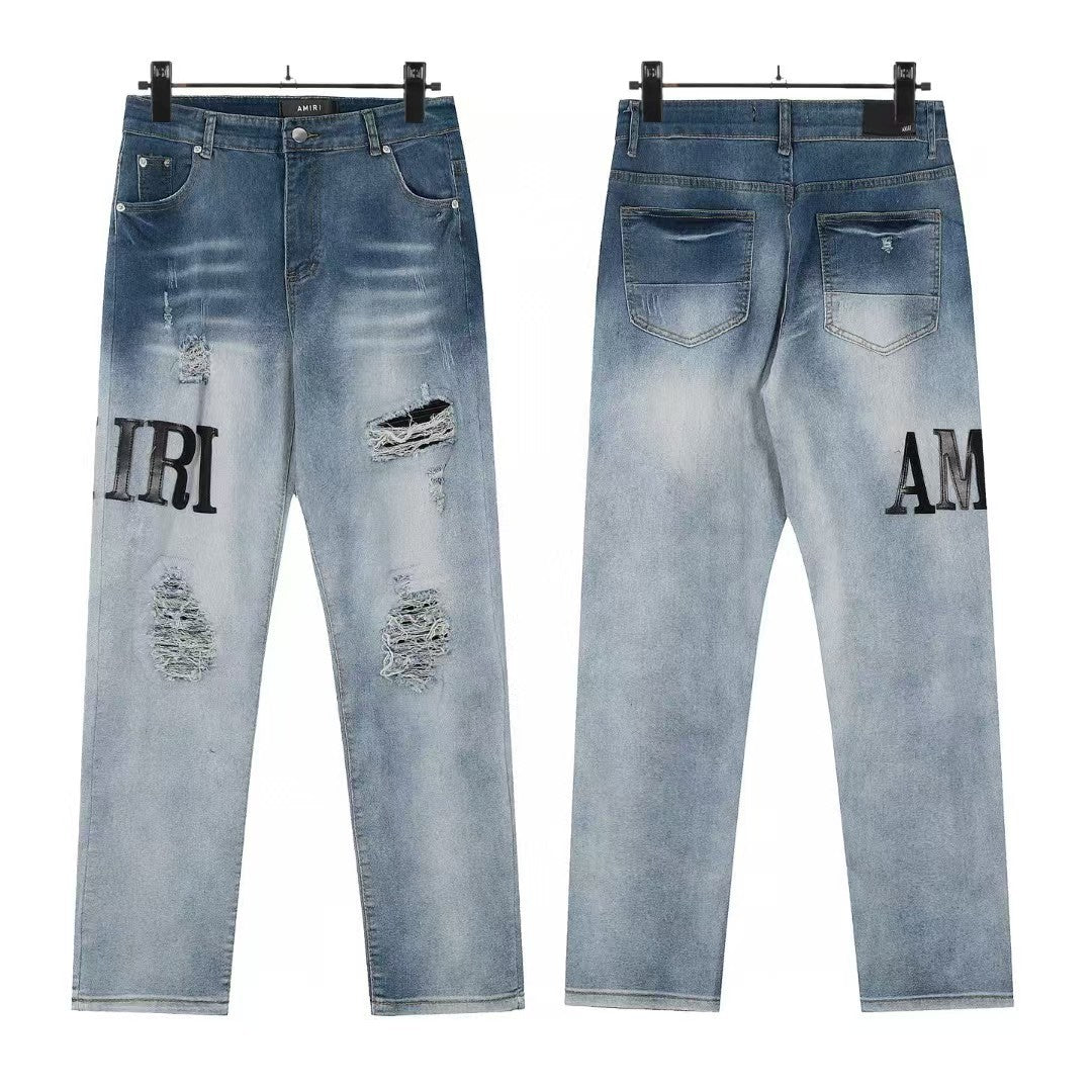 Cross-Border Foreign Trade AM American High Street Ripped Patch Letter Embroidery Washed Slim Straight Skinny Jeans Long Pants