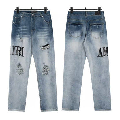 Cross-Border Foreign Trade AM American High Street Ripped Patch Letter Embroidery Washed Slim Straight Skinny Jeans Long Pants