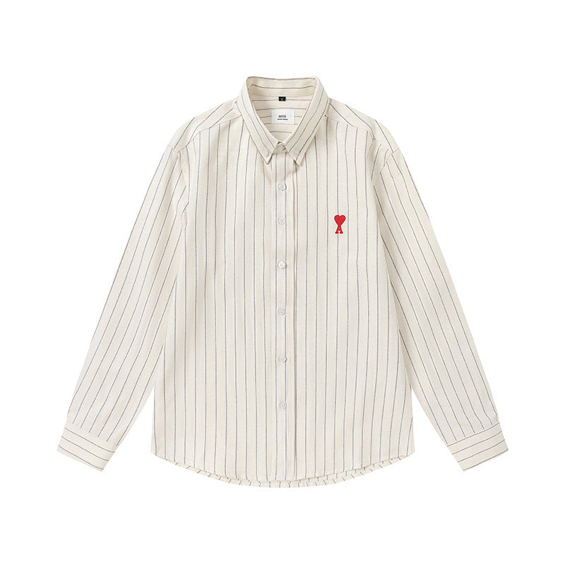 Trendy Brand Am* Small Heart Embroidered Shirt Casual Loose Fit Unisex Couple Style Amy Cotton Long Sleeve Top(2)