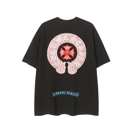 2025 New CHRM Heart Cross Sanskrit Patch Print Embroidery Loose Short Sleeve for Men and Women