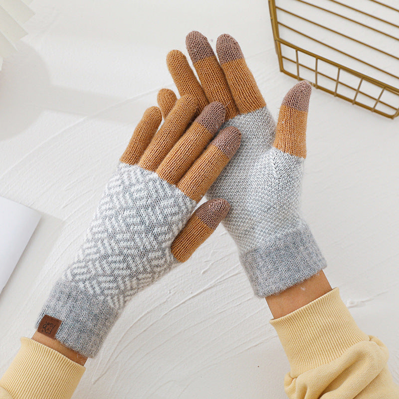 2024 Winter Popular Japanese Wool Knitted Plaid Gloves Fleece-lined Thickened Cycling Five-Finger Touch Screen Warm Gloves