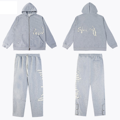 GMabcd Casual Set God-peed Patch Letter Cardigan Hoodie High Street Men's Casual Sweatshirt Sweatpants