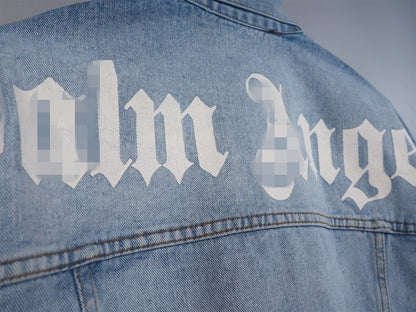 PA Trendy Brand Denim Jacket with Large Letter Logo and Palm Tree Design for Couples