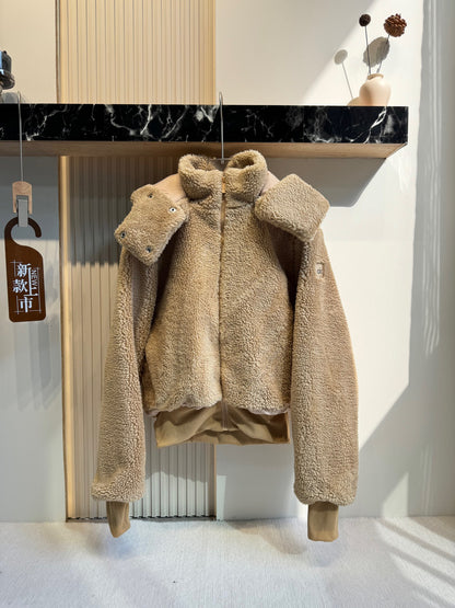 GMa-l-o Lamb Wool Detachable Hooded Short Women's Autumn Winter Casual Warm Zipper Jacket